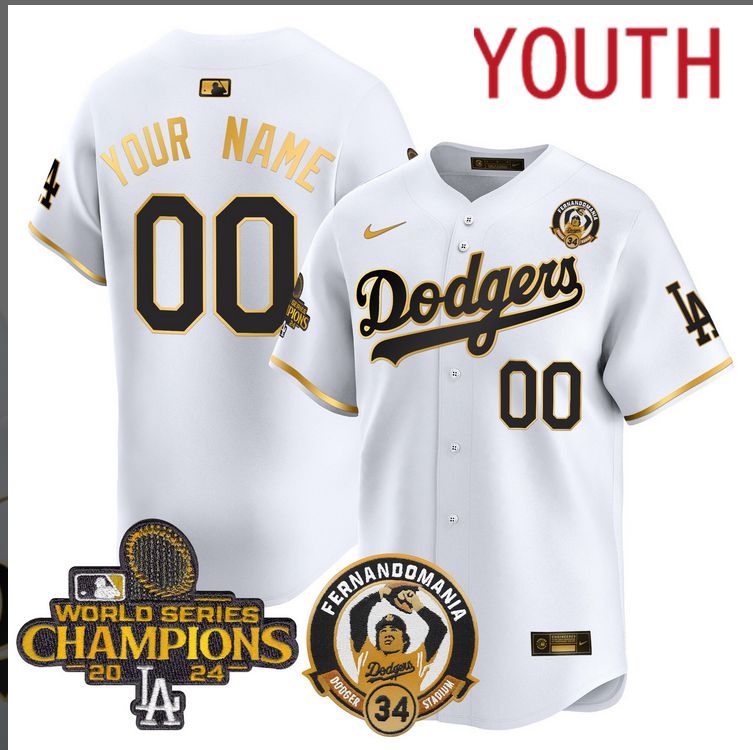 Youth MLB Los Angeles Dodgers Custom white 2024 World Series Champions Patch Cooperstown Jersey style 6->customized mlb jersey->Custom Jersey